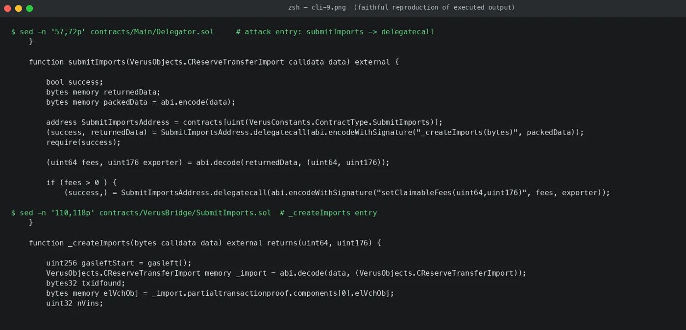 我用 sed 把攻擊呼叫鏈從 Delegator.sol 一路追到 _createImports