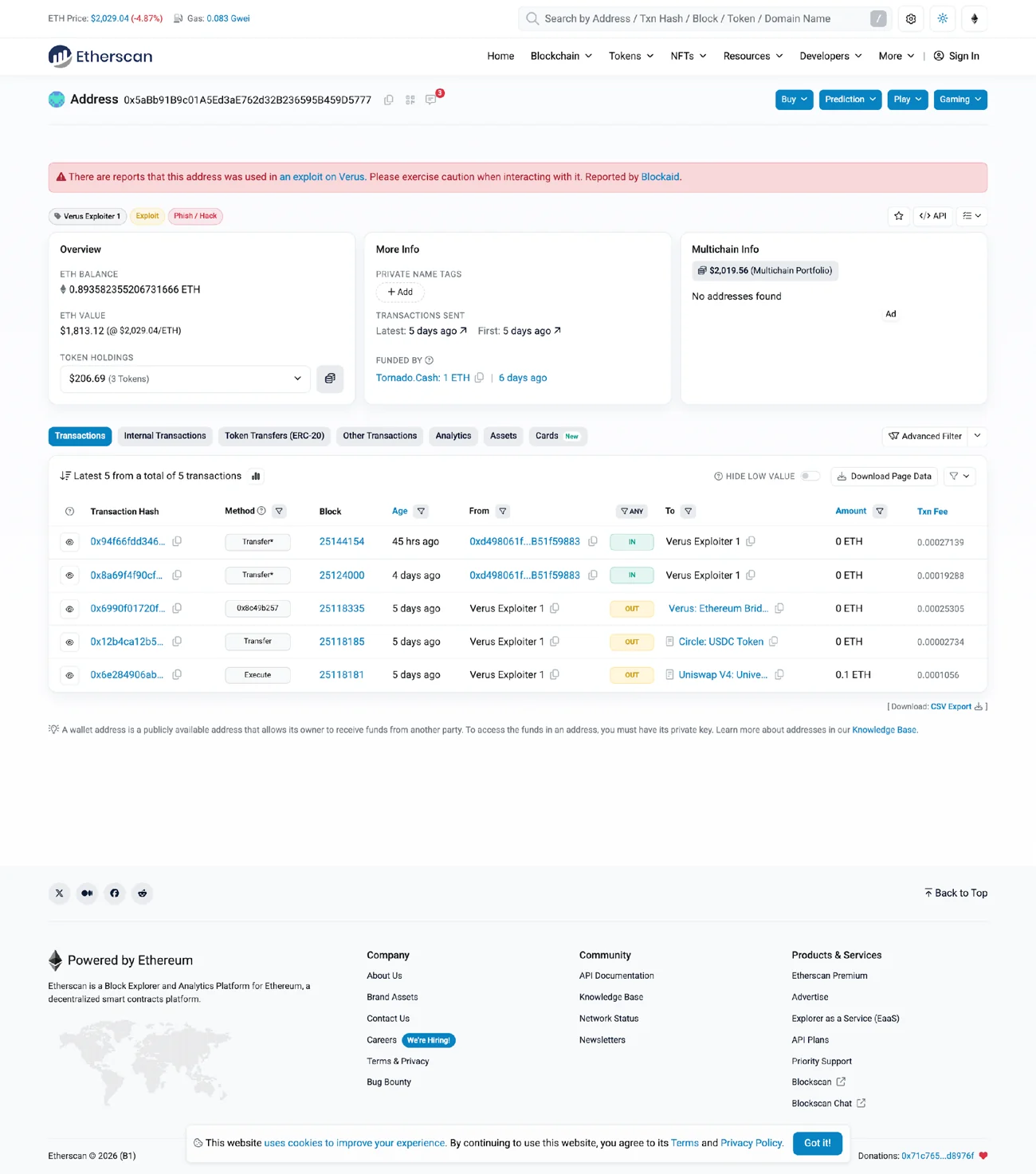 攻擊者錢包的 Etherscan 頁面,掛著 Blockaid 的示警橫幅