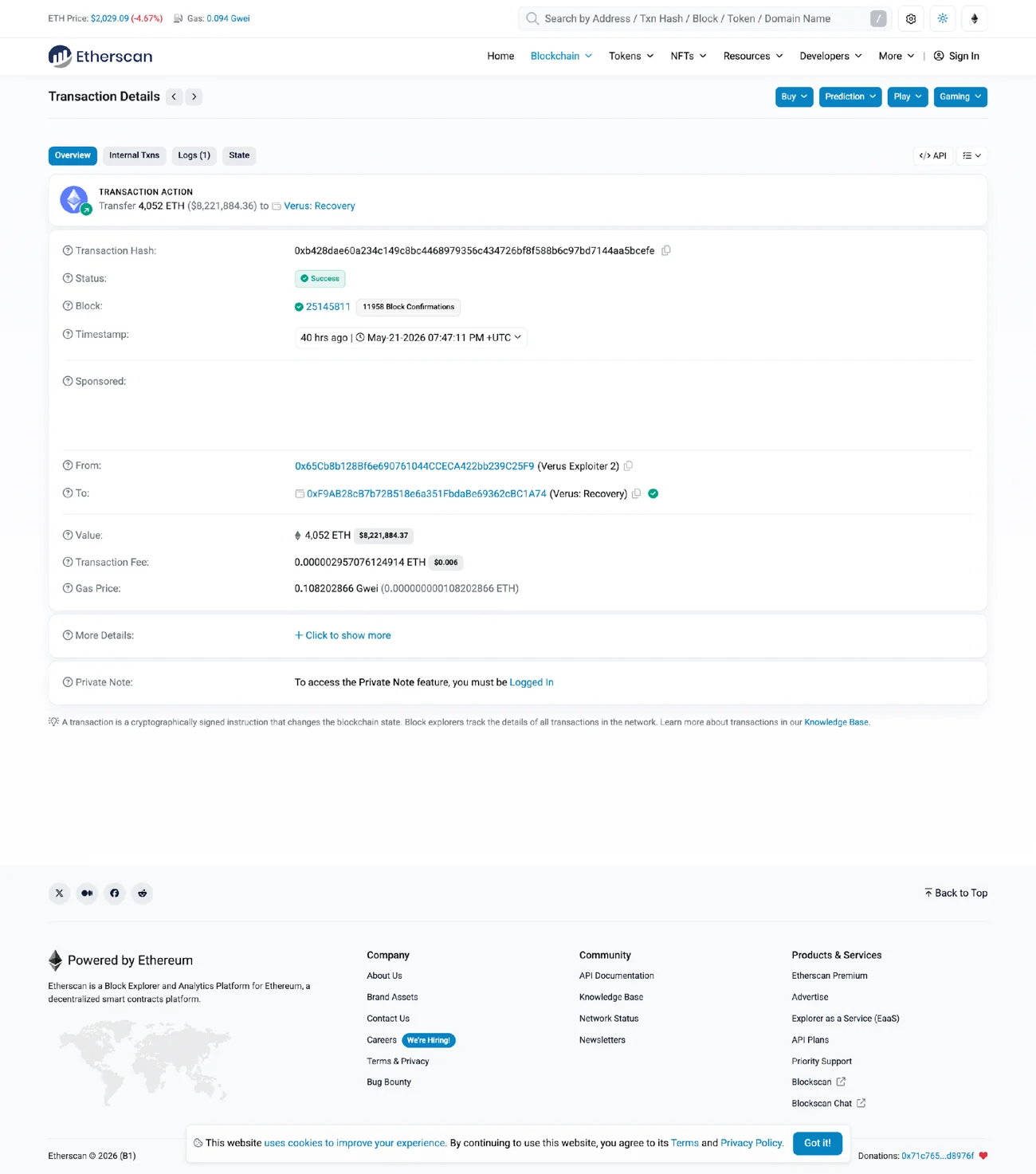 歸還交易在 Etherscan 上的紀錄,Etherscan 自己標記了 Verus Exploiter 2 與 Verus: Recovery