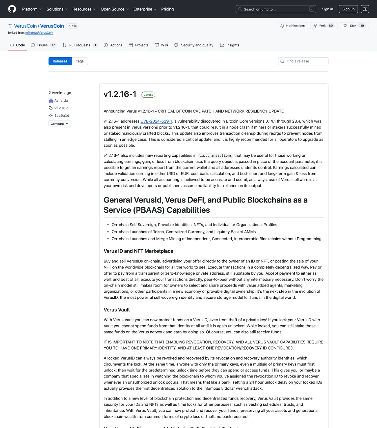 v1.2.16-1 是 Bitcoin Core 的 CVE 修補,跟這次的橋接事件無關